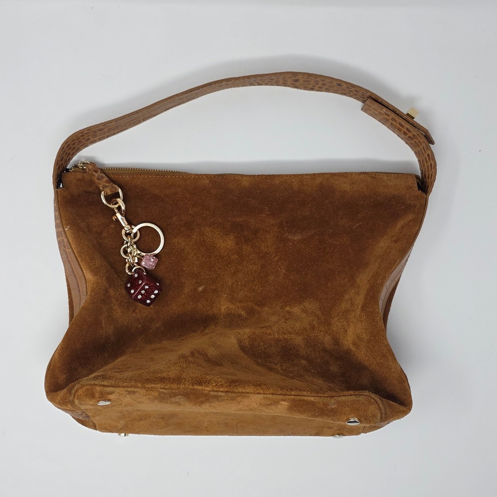 Claudia Firenze Brown Suede Croc Embossed Leather Hobo Bag Made in Italy Dice